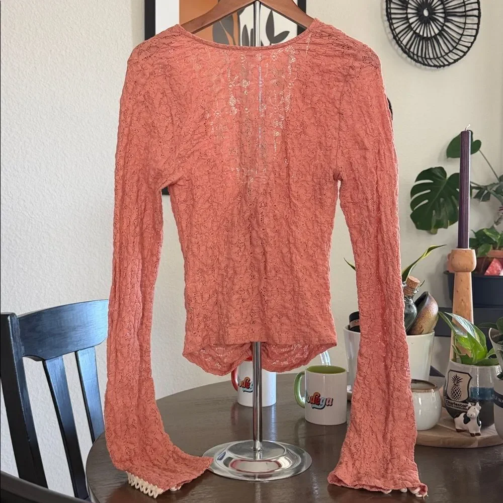 NWOT Free People Lilah Lace Long Sleeve Coral Lace Top Boho Retro Cropped Fitted
